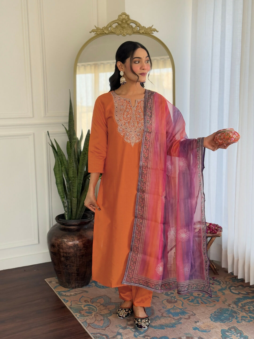 The52 Orange Women's Gorgeous Embroidered Rayon Fabric with Straight Kurta, Pant and Dupatta Set - Distacart