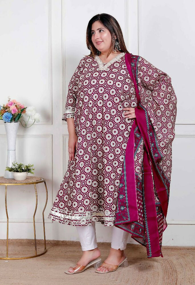 Miravan Plus Size Women'S Cream Embroidered Cotton Anarkali Kurta And Dupatta - Distacart