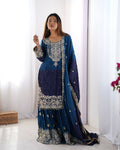 The52 Women's Beautiful Chinon silk Fabric Embroidery Work Straight Kurta Palazzo and Dupatta Set - Distacart