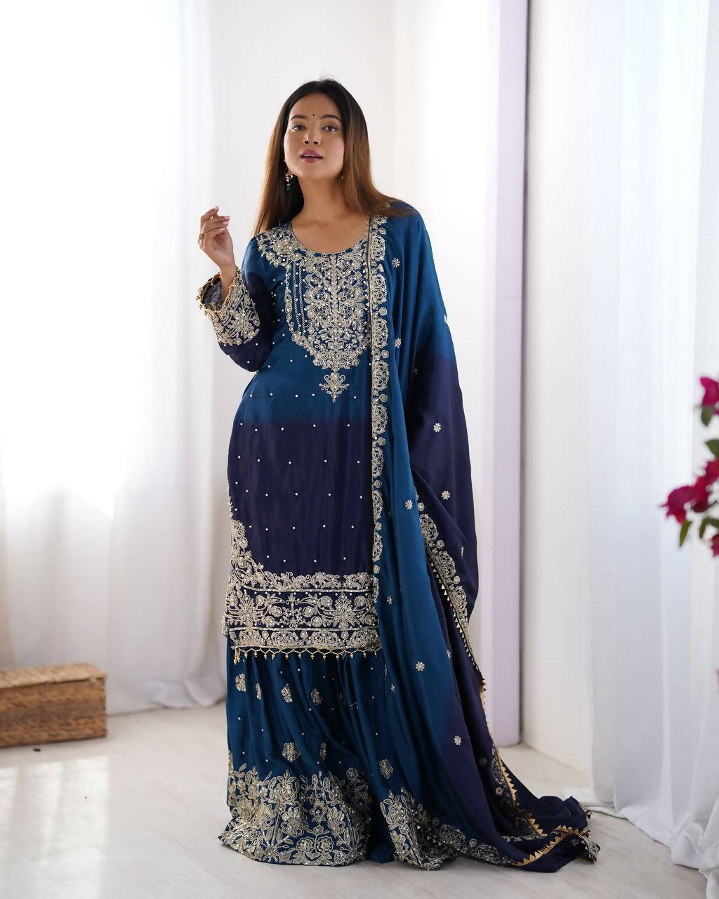 The52 Women's Beautiful Chinon silk Fabric Embroidery Work Straight Kurta Palazzo and Dupatta Set - Distacart