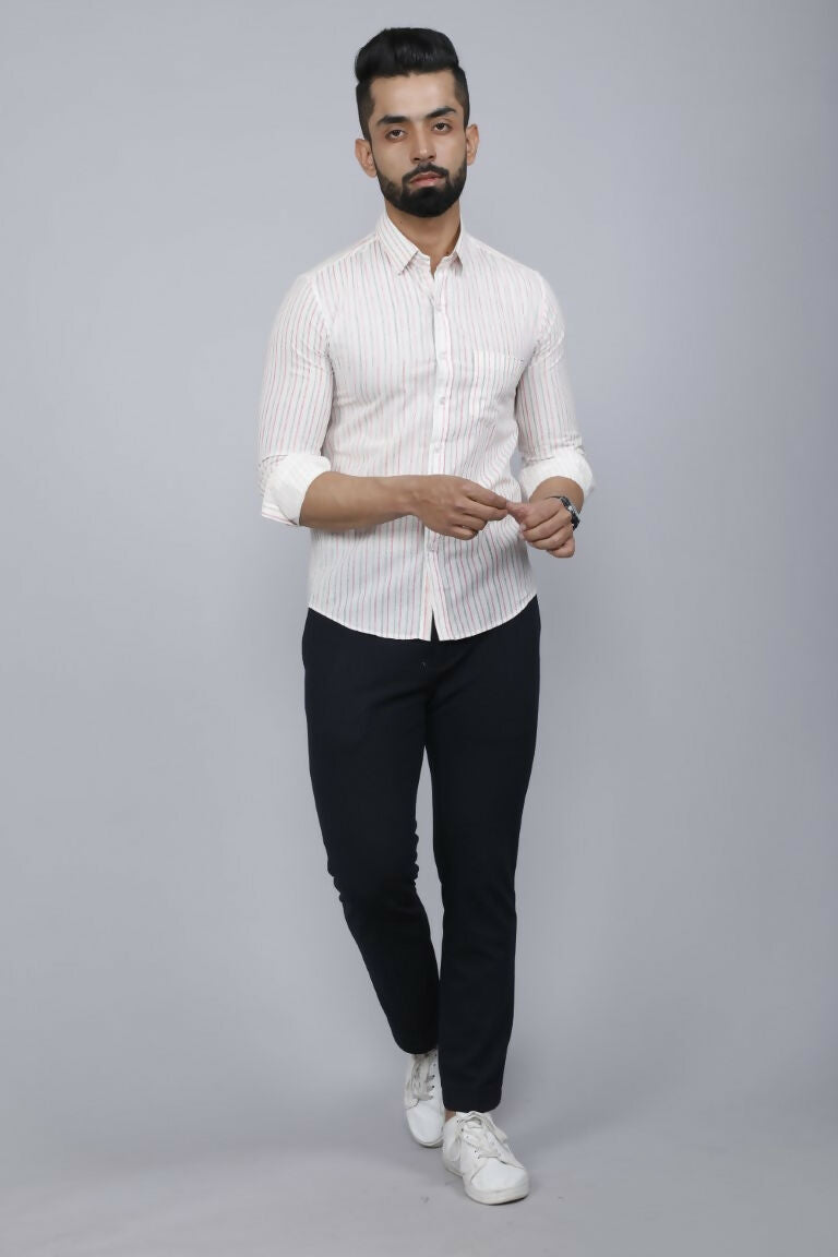 Miravan Men's White Spread Collar Striped Print Casual Shirt