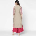 Cheera Hand Block Print Khaki & Magenta Straight Kurta With Palazzo (MAAI-077K)