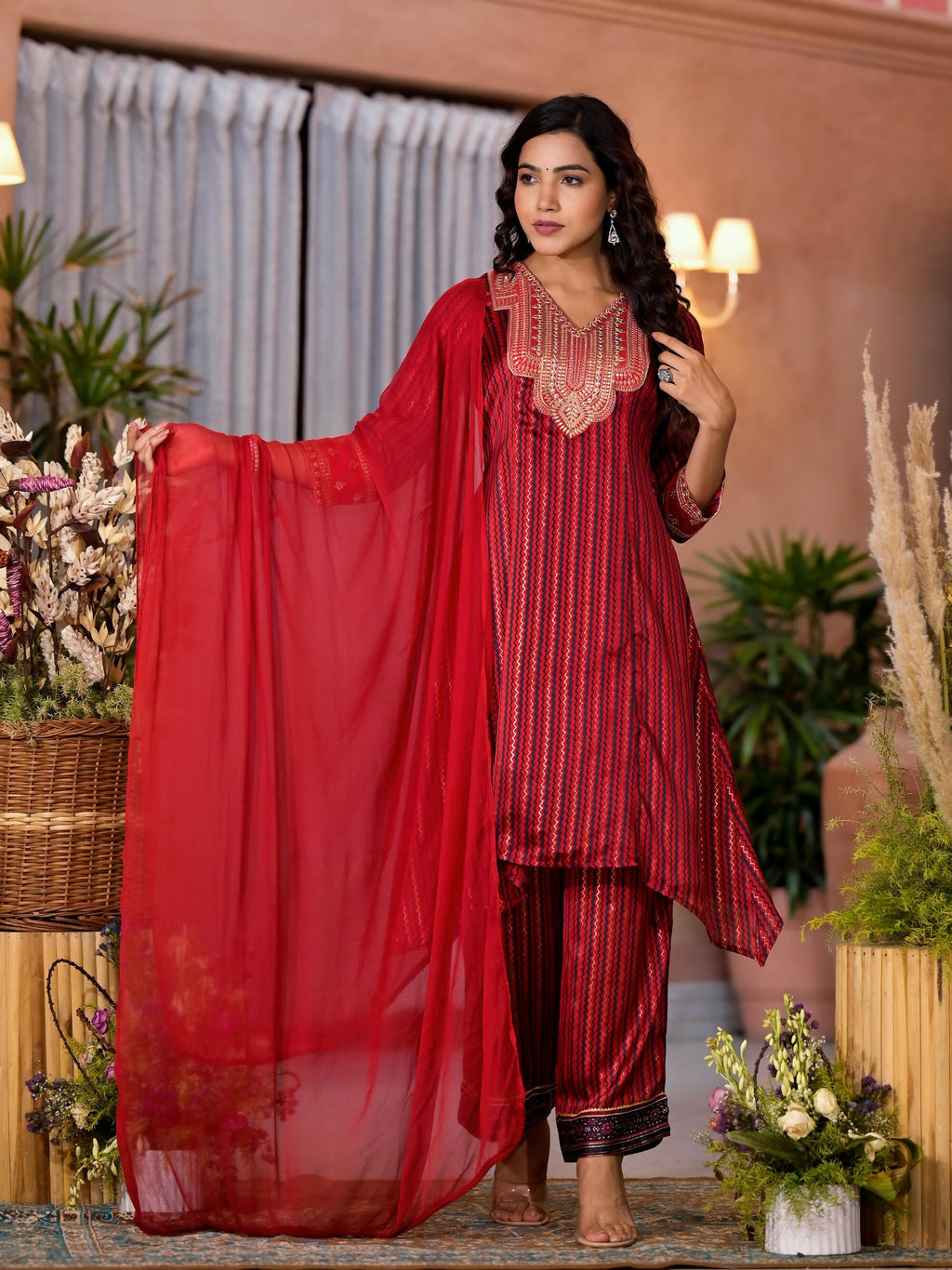 Juniper Women's Red Geometric Printed Satin Asymmetrical Kurta Pant And Dupatta Set With Zari & Mirror Work