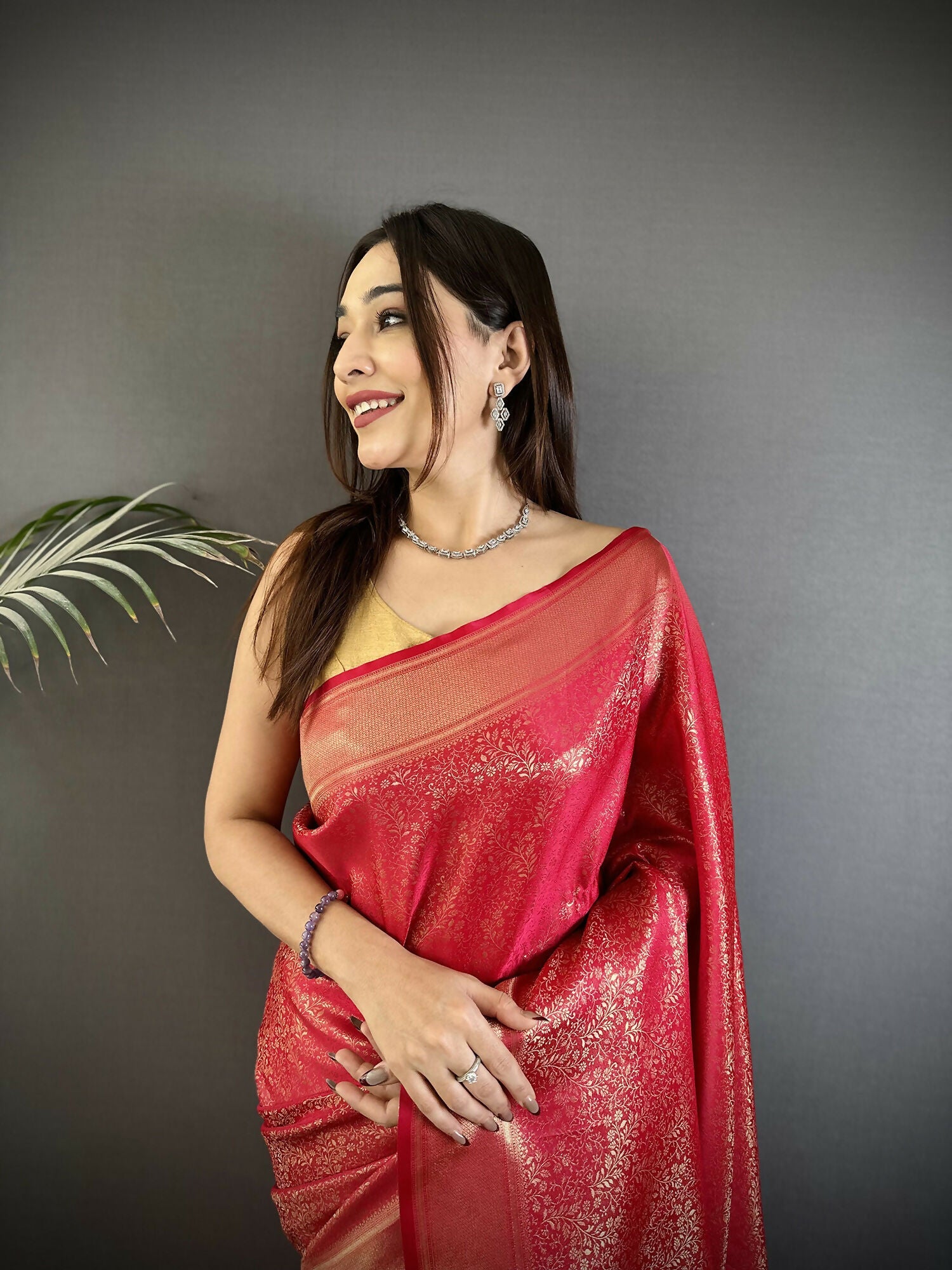 Joban Fashion Red Floral Motifs & Ethnic Design Soft Satin Silk Kanchipuram Saree - Distacart