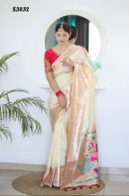 Cream Woven Jacquard Designer Embroidery Work Party Wear Saree - Parampara