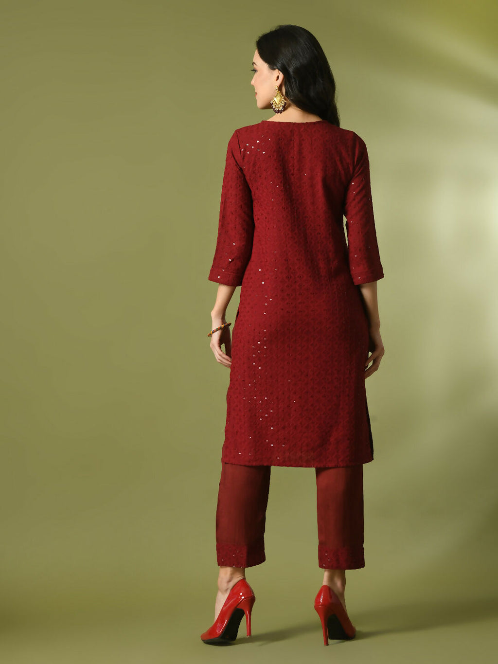 Myshka Women's Maroon Embroidered Cotton Straight Party Kurta Set