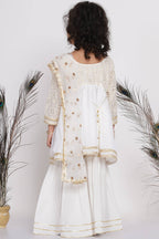 Little Bansi Girls Cotton Floral Embroidery Frock Kurta with Sharara & Dupatta - White