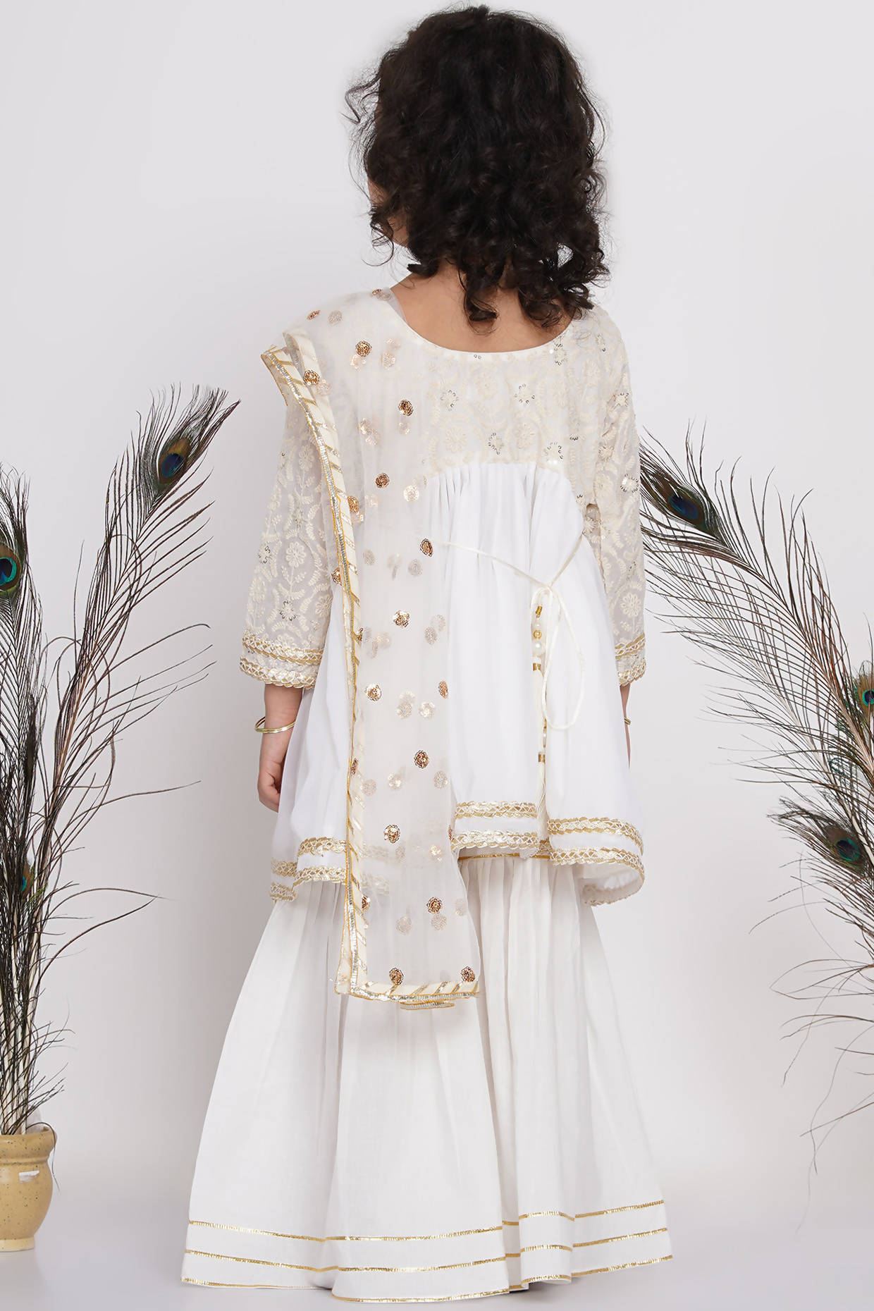Little Bansi Girls Cotton Floral Embroidery Frock Kurta with Sharara & Dupatta - White