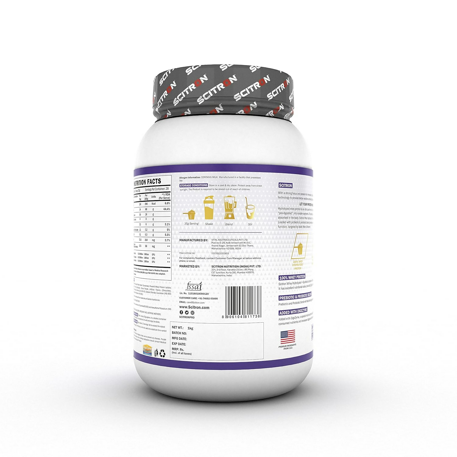 Scitron Whey Hydrolyzed Synbiotic 100% Hydrolyzed Protein Powder Chocolate Flavor - Distacart