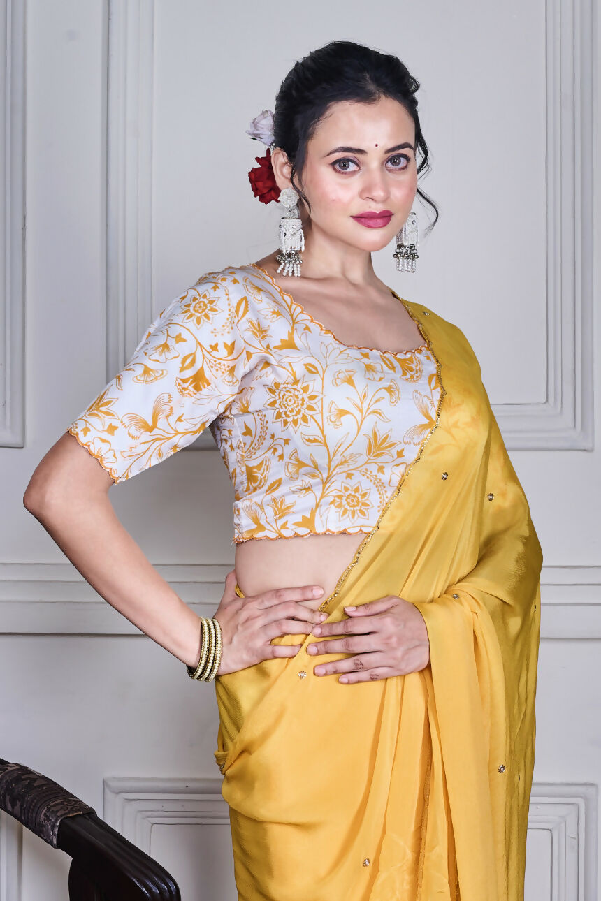 Morchari Yellow Chiffon Hand Embroidery Saree And Stitched Blouse - Distacart