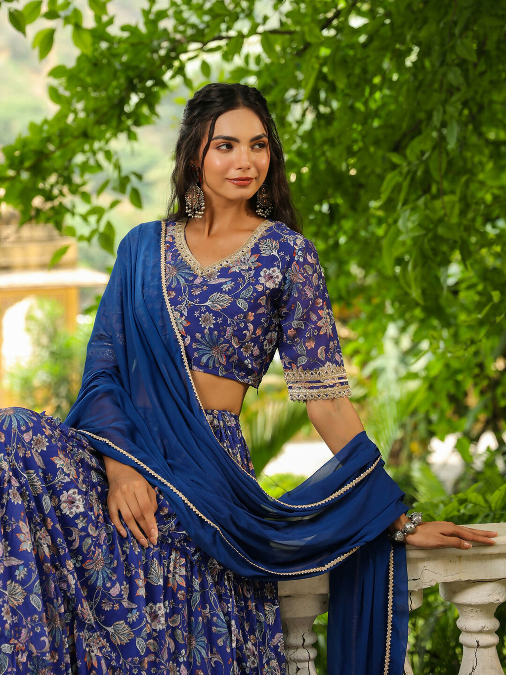 Janasya Blue Georgette Floral Lehenga Choli Dupatta