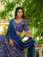 Janasya Blue Georgette Floral Lehenga Choli Dupatta