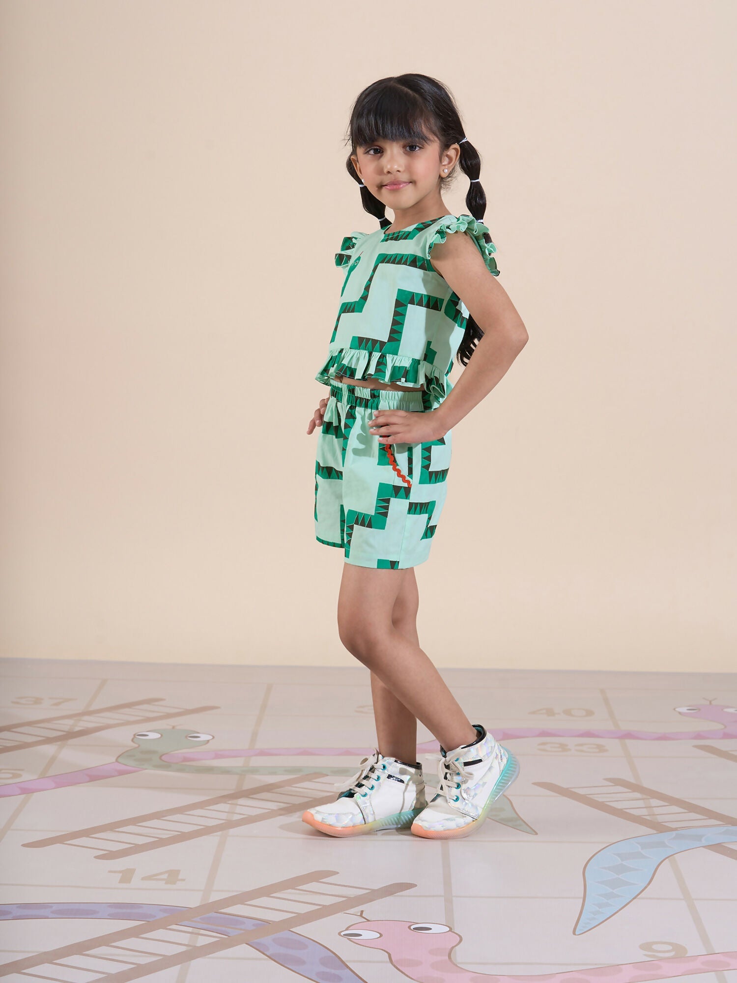 Snakes and Ladders Girls Green Table Print Top and Shorts Sets from Siblings Collection
