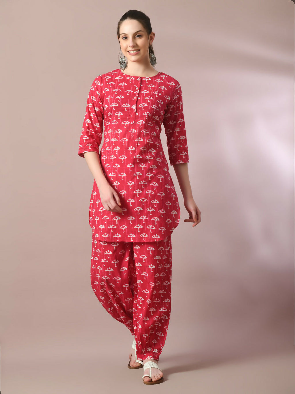 Myshka Women's Pink Printed Cotton Round Neck Party Tunic With Trousers Co-ord set
