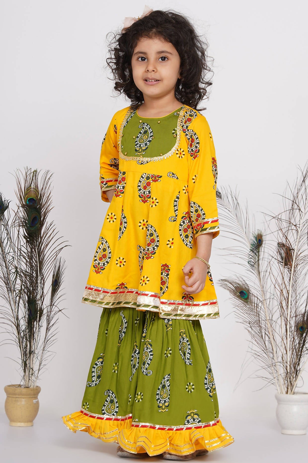Little Bansi Girls Cotton Floral Kurta with Frill Sharara & Dupatta - Yellow & Green