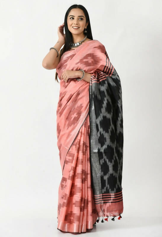 Mominos Fashion Moeza Gajari & Black Bhagalpuri Handloom Ikat Pure Cotton Saree with unstitched Blouse piece - Distacart