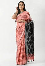 Mominos Fashion Moeza Gajari & Black Bhagalpuri Handloom Ikat Pure Cotton Saree with unstitched Blouse piece - Distacart