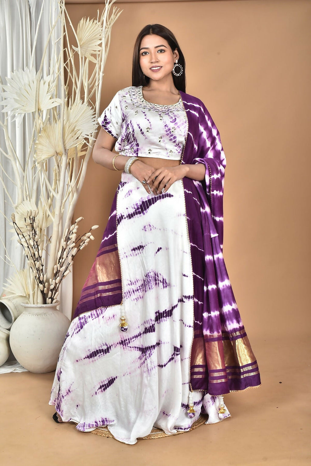 Morchari Women Tai Dai And Hand Embroidery Lehenga-Purple