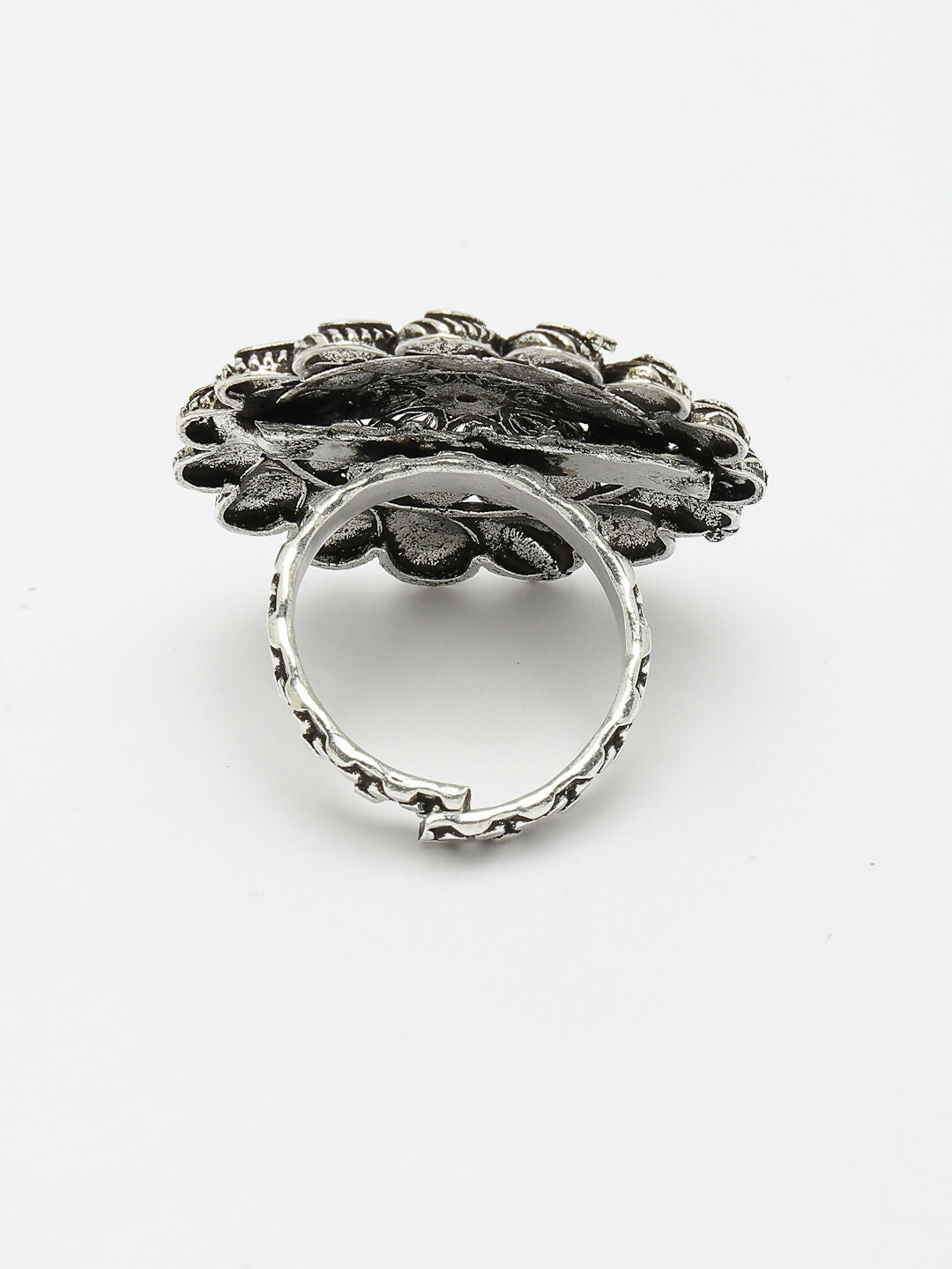 NVR Women's Silver-Toned Floral Shape Adjustable Finger Ring