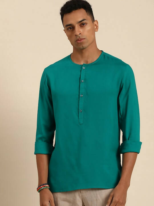 Sea Green Men Rayon Solid Opaque Casual Shirt - Mahotsav
