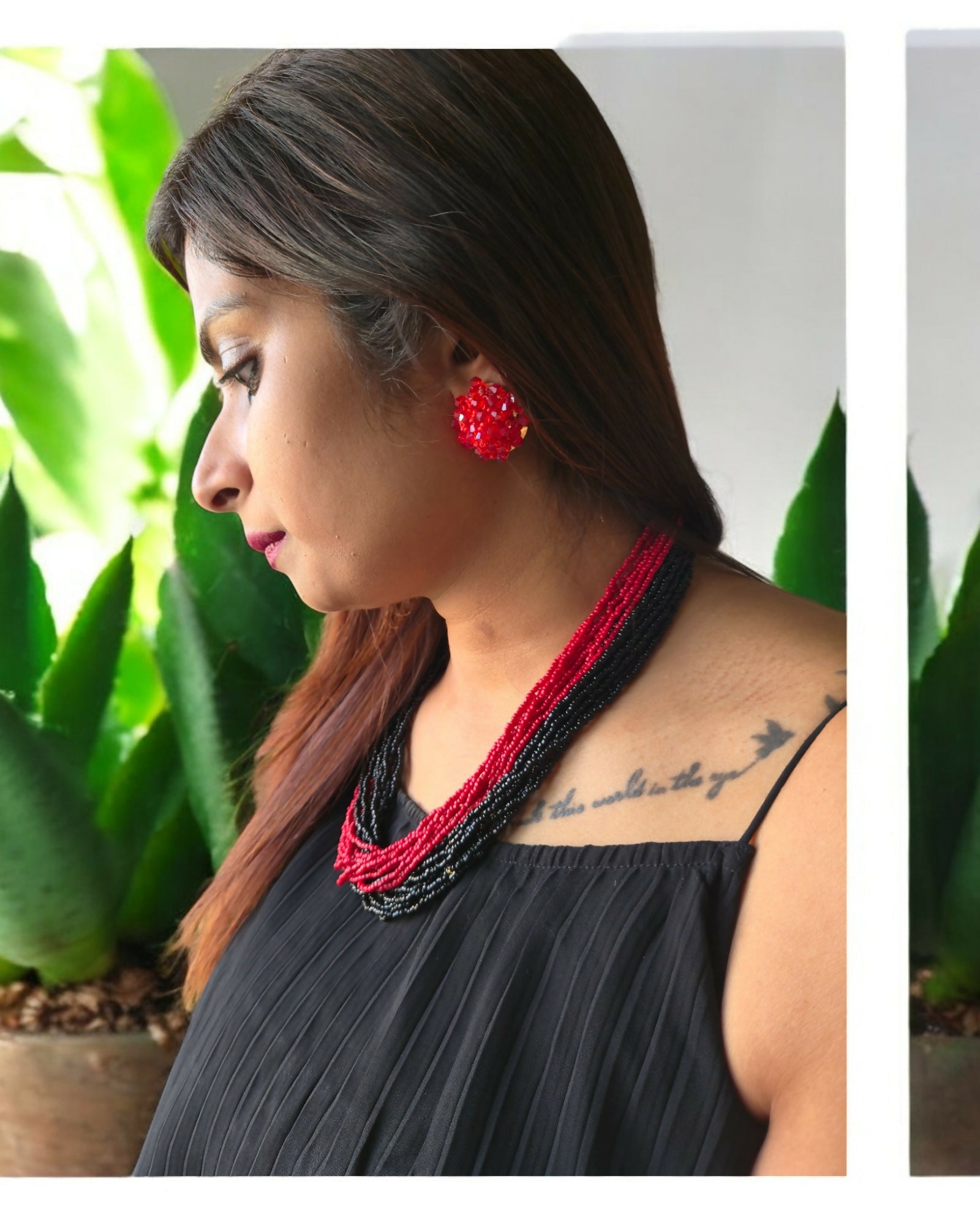 Inhanns Vibrant Handmade 20 Layers Beaded Necklace With Matching Earrings - Dual Ton Black & Red