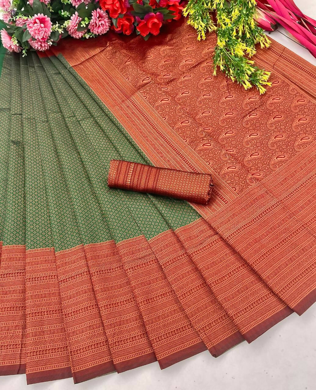 DEIANA'S Beautiful Designer Golden zari Soft Lichi Silk Saree - B Green