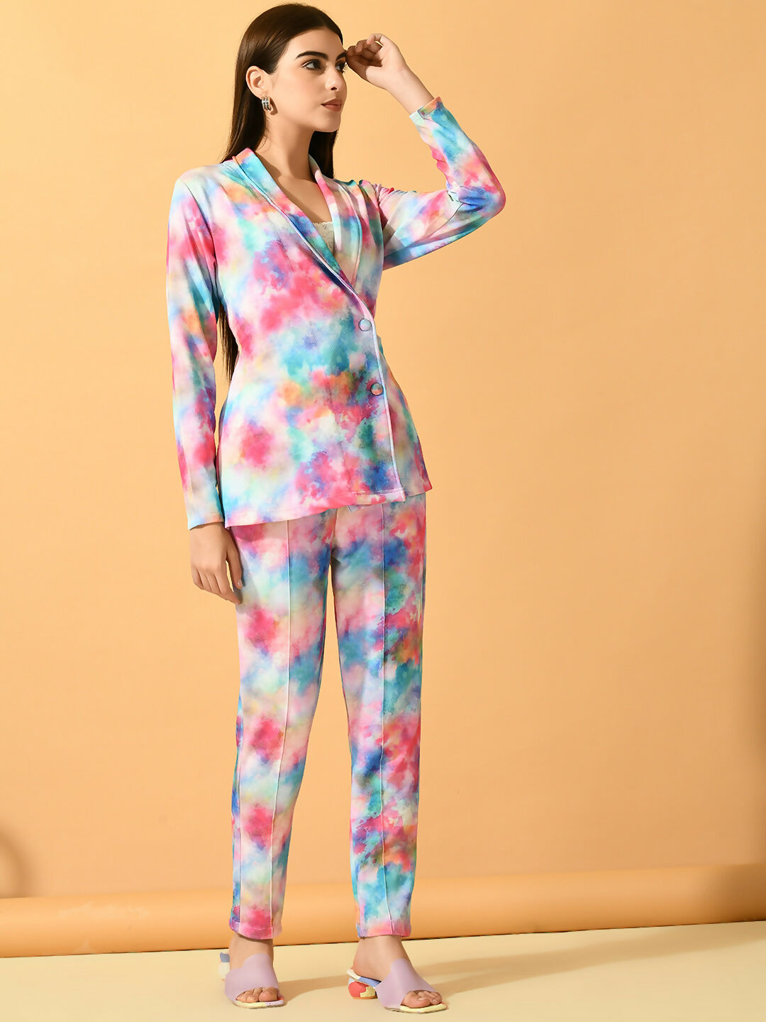 Myshka Women's Multi Printed Coat With Trousers