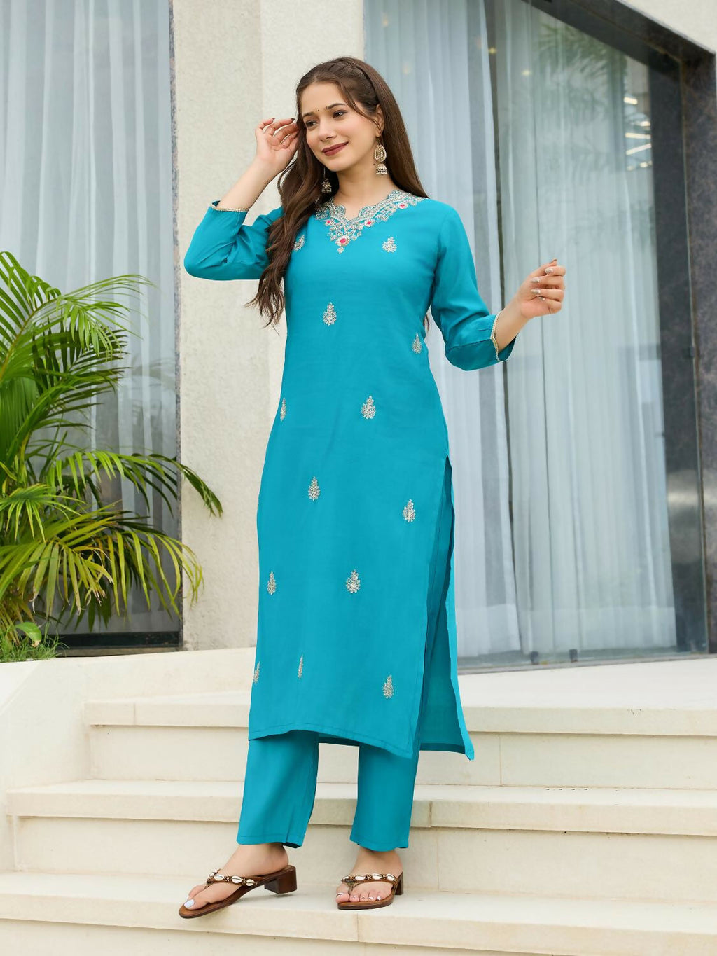 The52 Blue Women's Gorgeous Viscose Fabric Embroidered Work Straight Kurta, Pant and Dupatta Set - Distacart