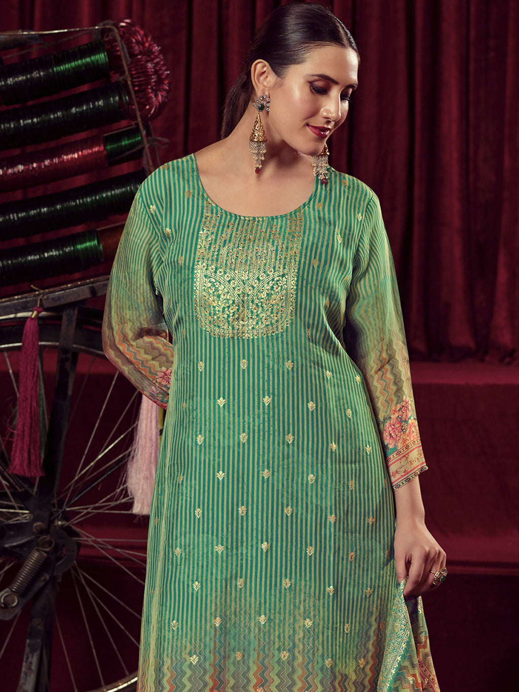 Jyoti Fashion Women's Green Organza Jacquard Woven Kurta with Trouser & Dupatta