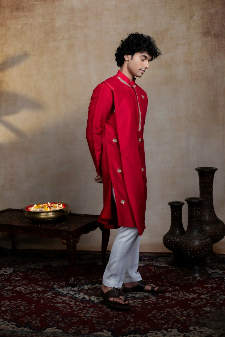 Falling Raw Silk Red Kumkuma Kurta Set By Hilo Design