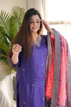 The52 Purple Women's Gorgeous Embroidered Vichitra Fabric Straight Kurta Pant with Dupatta Set - Distacart