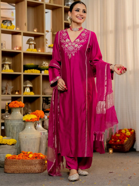 The52 Women's Beautiful Viscose Silk Fabric Embroidery Work A-Line Kurta Pant and Dupatta Set