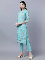 Myshka Women Blue Yellow Printed Kurta with Trousers - Distacart