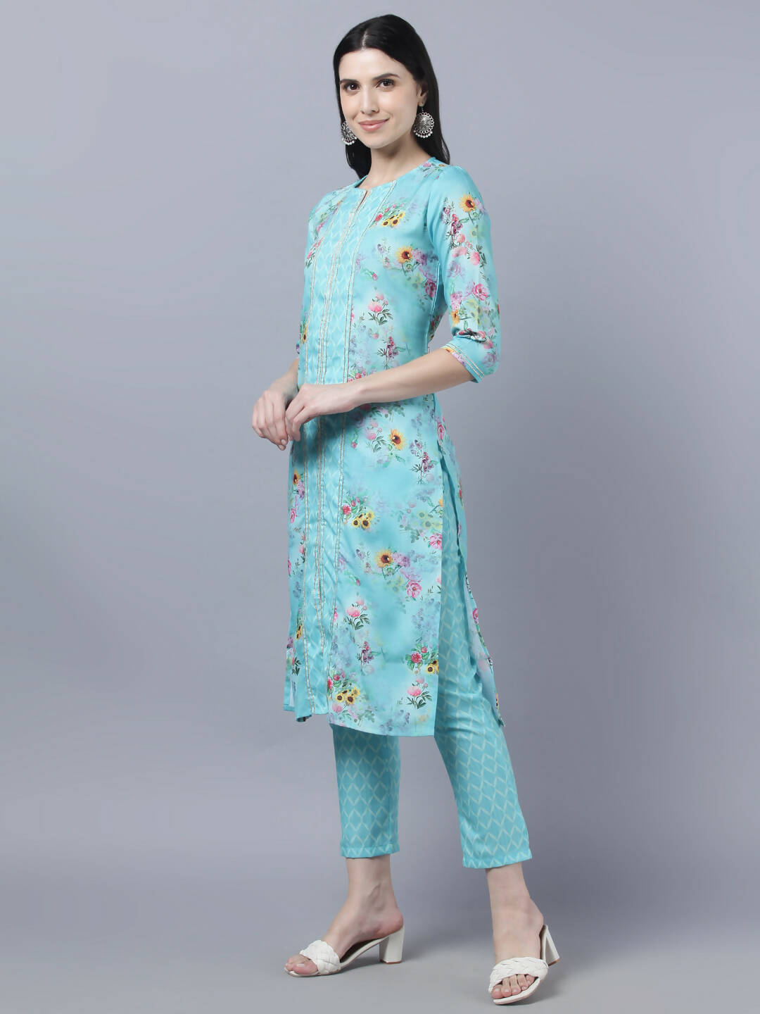 Myshka Women Blue Yellow Printed Kurta with Trousers - Distacart