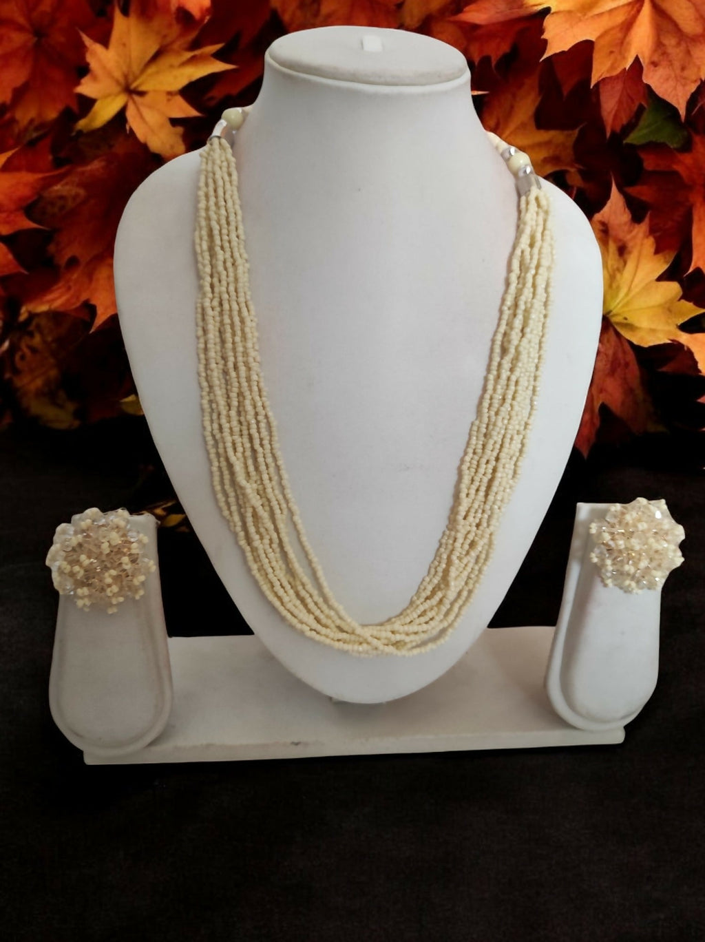 Inhanns Bloom Handmade Beaded Necklace With Earrings - 12 Layers - Cream Necklace Set