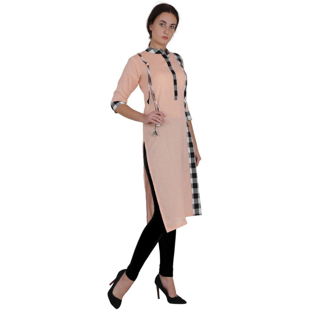 Kanoor Women's Peach Cotton Straight Kurti