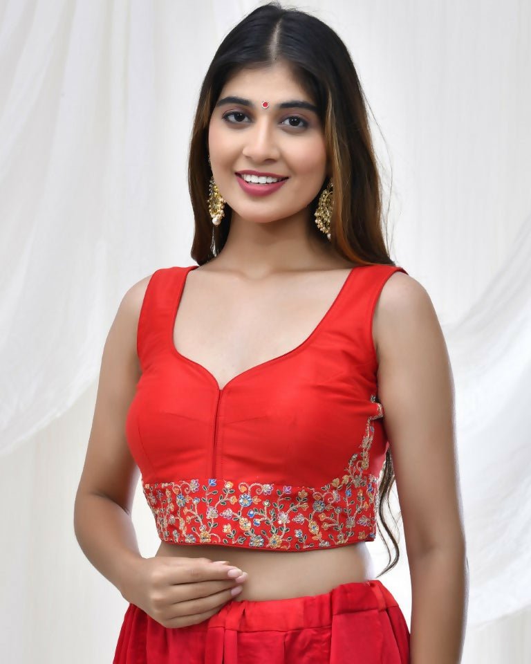 Amodini Designer Studio Red Blouse with Embroidered Waitband
