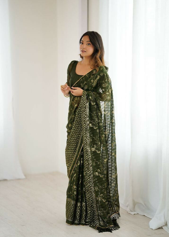 PR Fashion Mehendi Georgette Patta Plain With Foil Work And Small Lace And Zalar Lace Saree