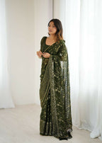 PR Fashion Mehendi Georgette Patta Plain With Foil Work And Small Lace And Zalar Lace Saree