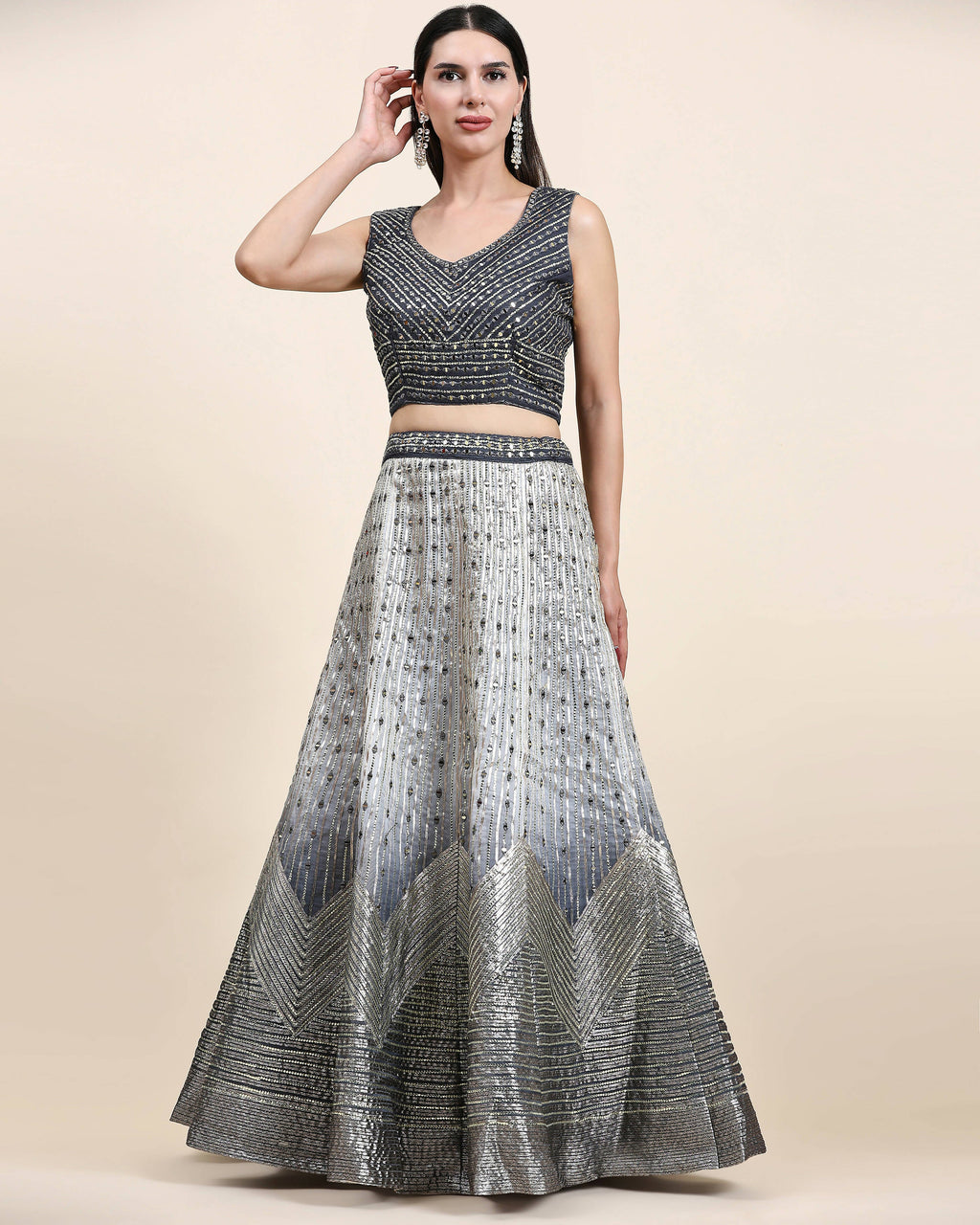 Grey Organza Mirror With Coding Work Lehenga Choli with Dupatta - Tanya