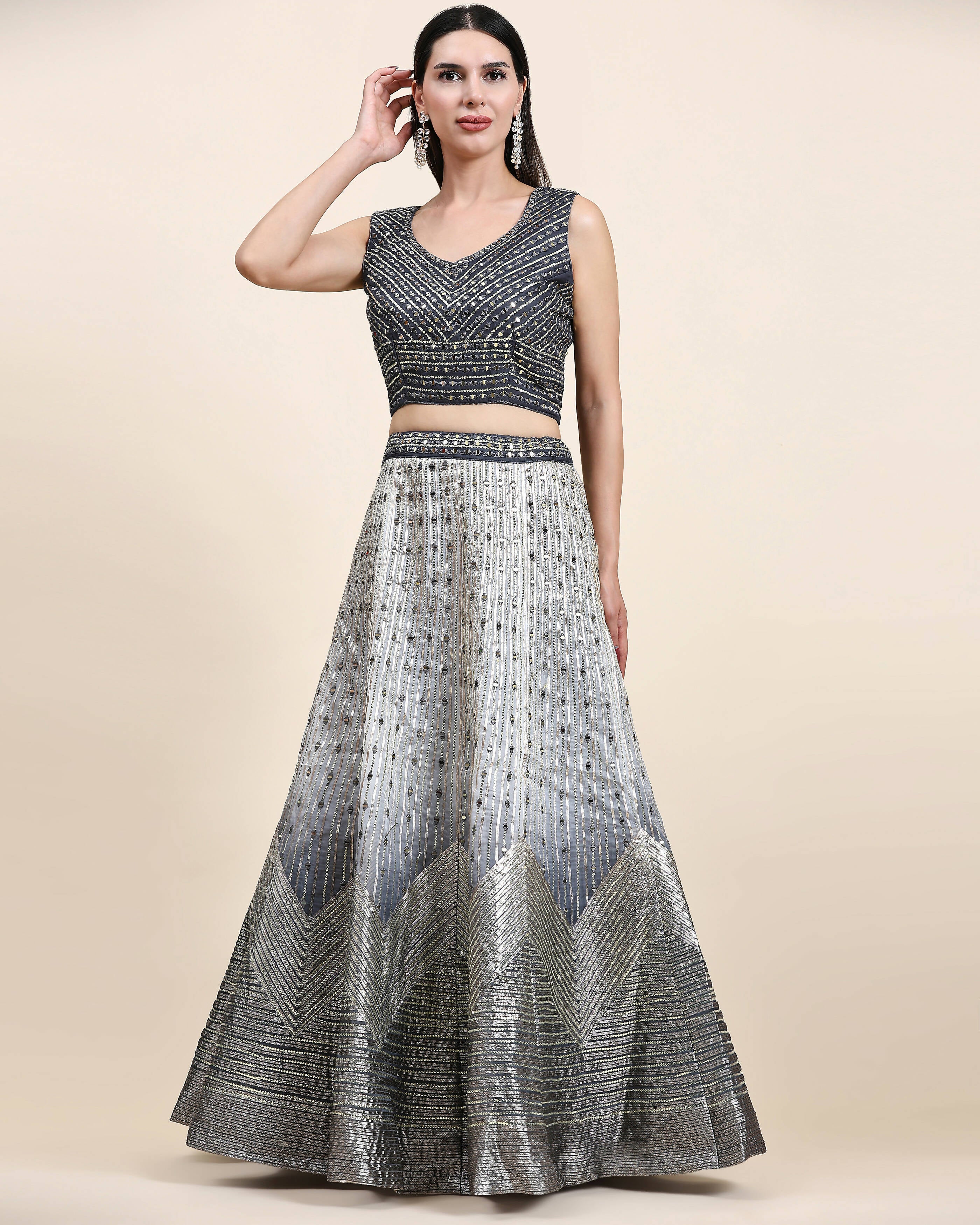Grey Organza Mirror With Coding Work Lehenga Choli with Dupatta - Tanya