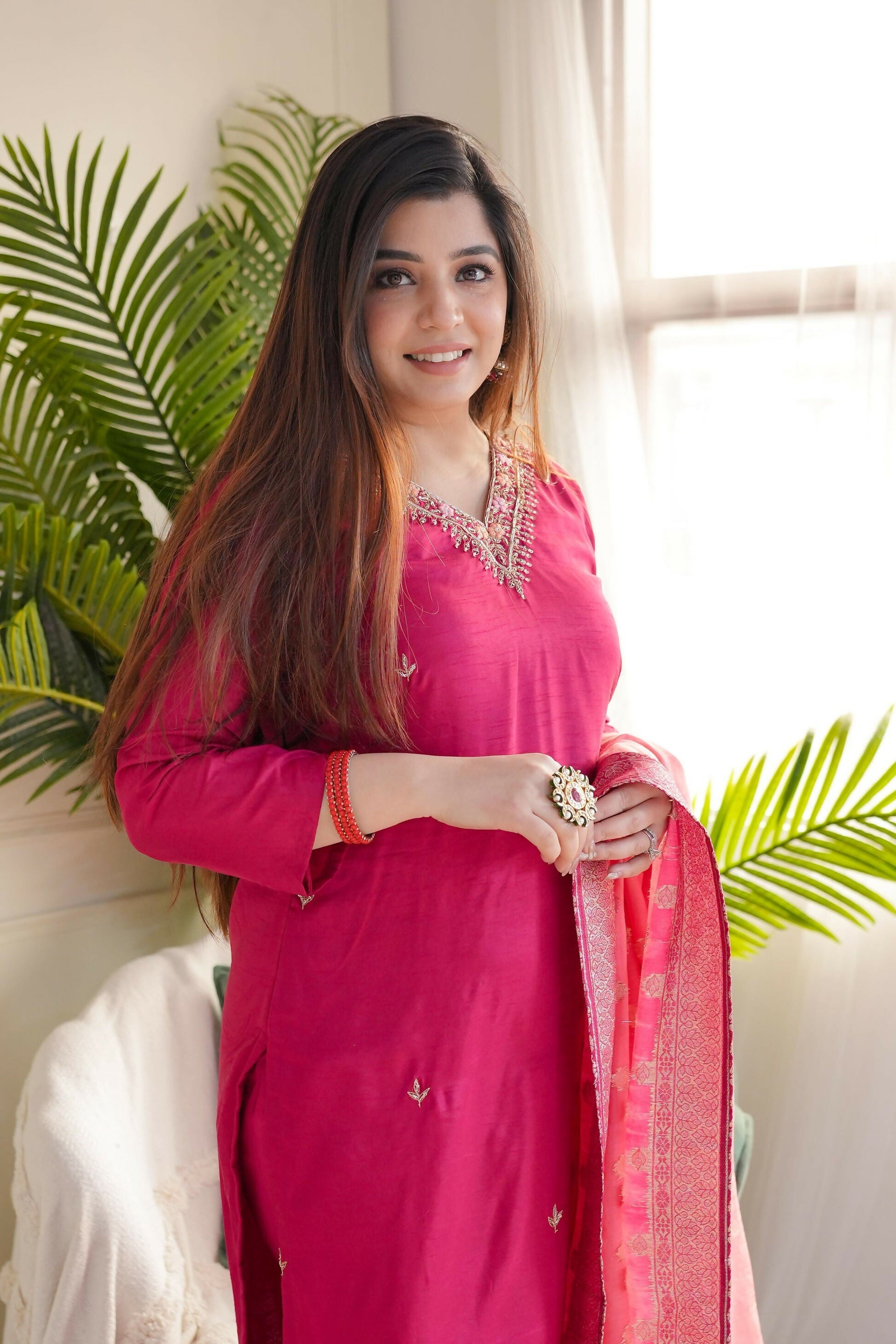 The52 Pink Women's Gorgeous Embroidered Vichitra Fabric Straight Kurta Pant with Dupatta Set - Distacart