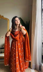 Teeya Creation Orange Color Fendy Silk Heavy Embroidery Work Wedding Wear Long Gown - Distacart