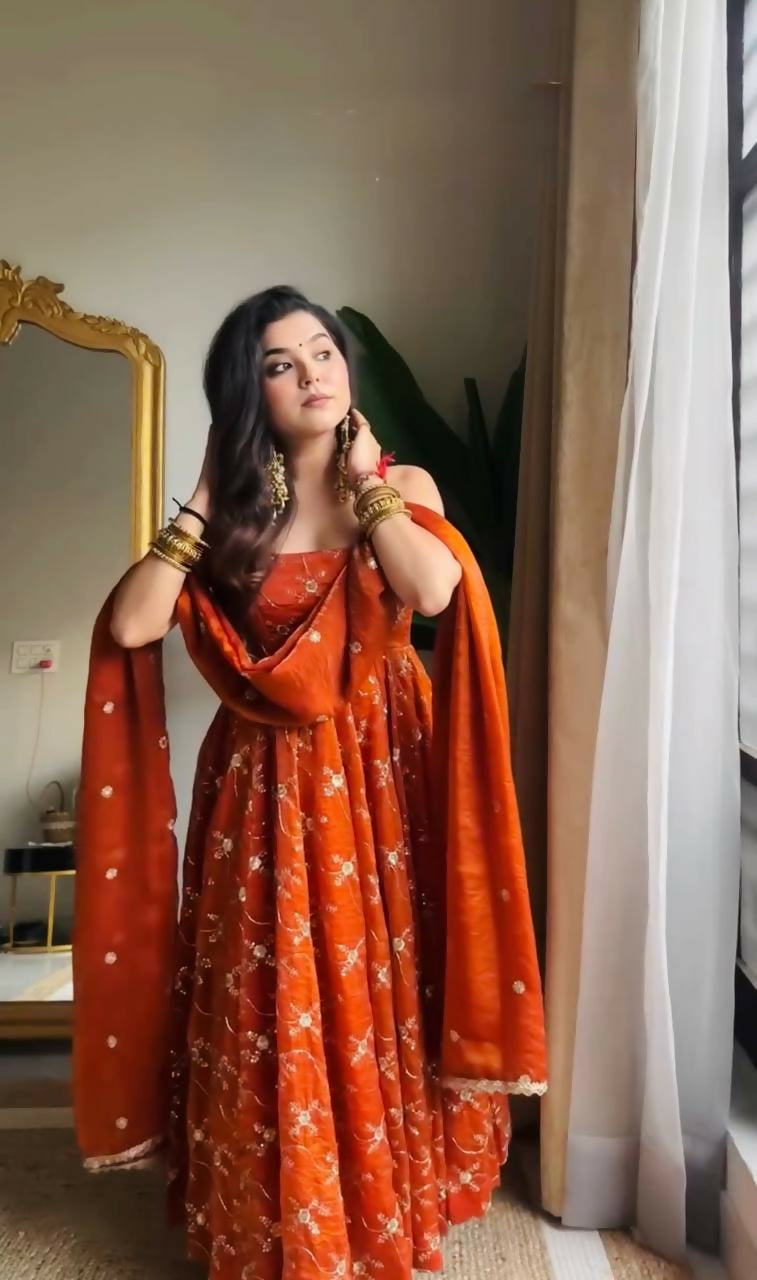 Teeya Creation Orange Color Fendy Silk Heavy Embroidery Work Wedding Wear Long Gown - Distacart