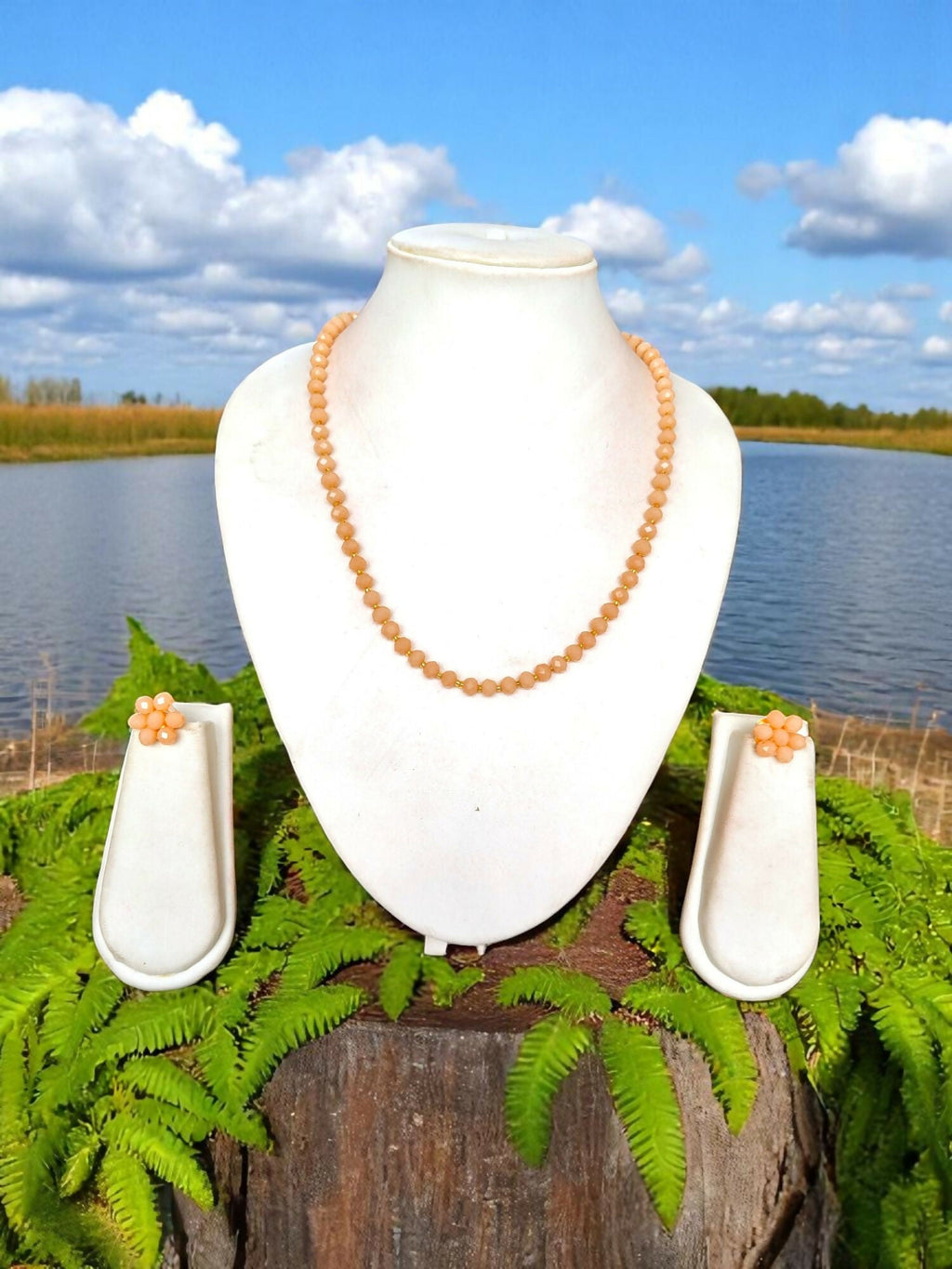 Inhanns Crystal Bloom – Single Line Necklace + Studs - Peach