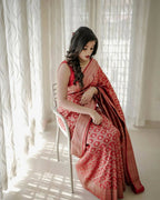 DEIANA'S Beautiful Designer Golden zari Soft Lichi Silk Saree - Red