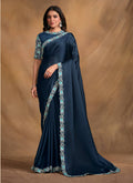 Navy Blue Satin Silk Georgette Designer Saree with Unstitched Blouse - Norita Mahitha