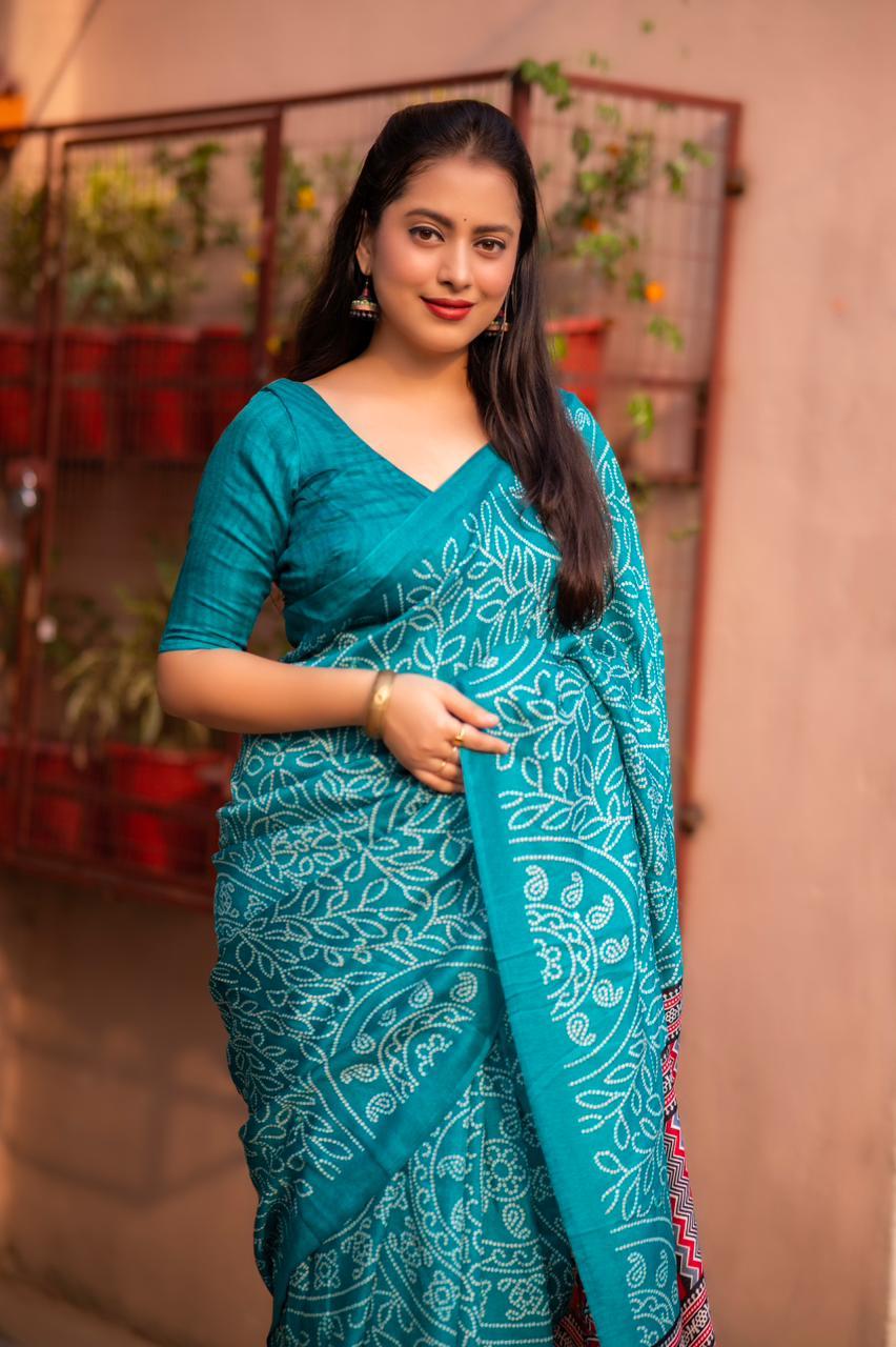 Rama Silk Blend Ajrak Saree with Unstitched Blouse - Hiral Fashion