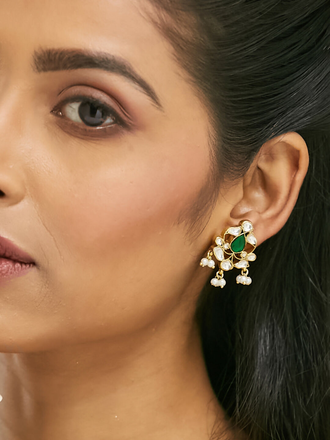 Nuyug 22K Gold-Plated Elegant Kundan & Green Stone Studded Pearl Drops Studs - Distacart