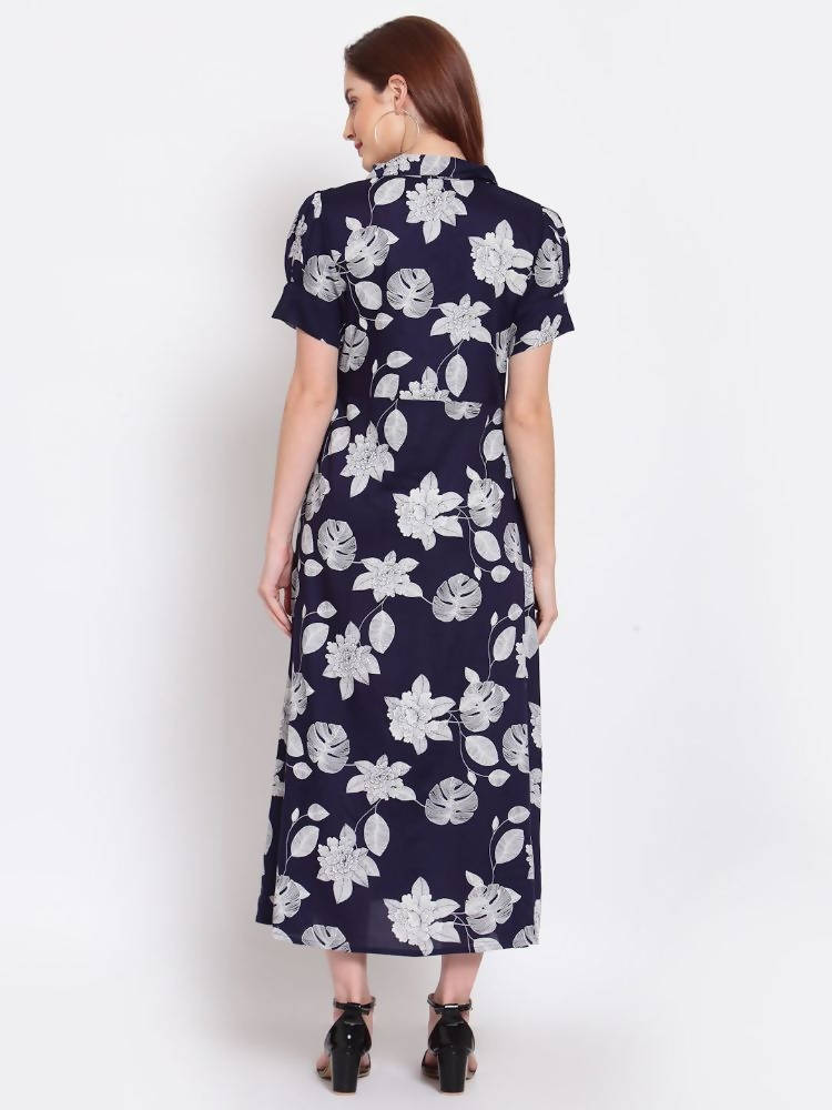 Myshka Women's Navy Blue Printed Cotton Short Sleeve Collar Neck Casual Dress
